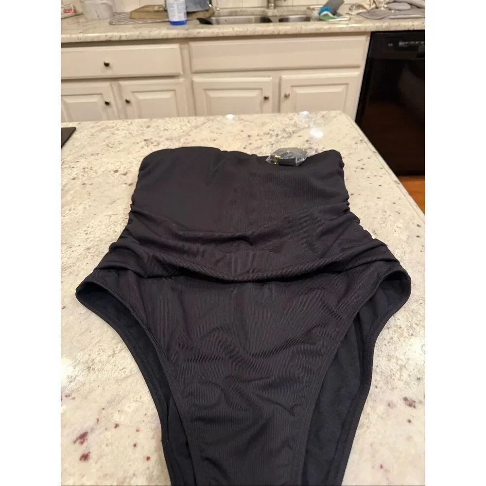 Shade & Shore Black Side Ruched High Back Ribbed Strapless Swimsuit Sz L NWT